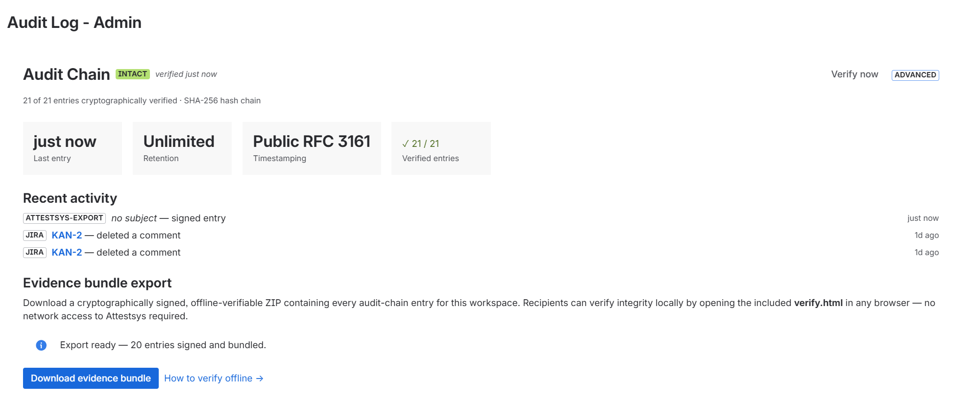 The Audit Log project admin page — chain status INTACT, summary cards for last entry, retention and RFC 3161 timestamping, recent activity, and the Download Evidence Bundle button