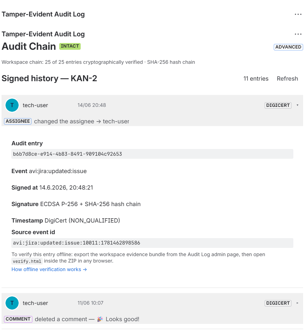 The Audit Log issue panel on a Jira issue — an activity feed of signed events, each with a timestamp-authority lozenge, and a row expanded to show its trust footprint