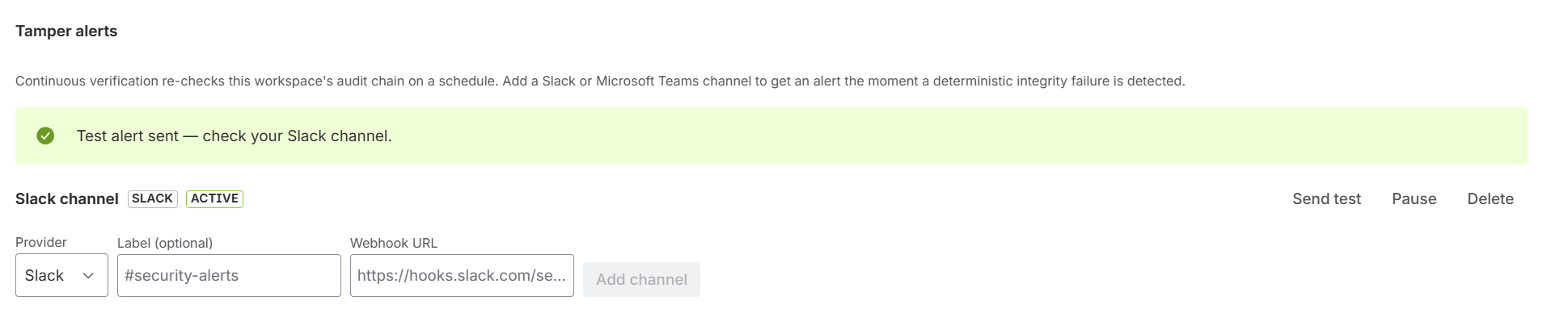 Attestsys admin Tamper alerts section: a Slack channel marked ACTIVE with a 'Test alert sent' confirmation banner and a provider selector for Slack or Microsoft Teams