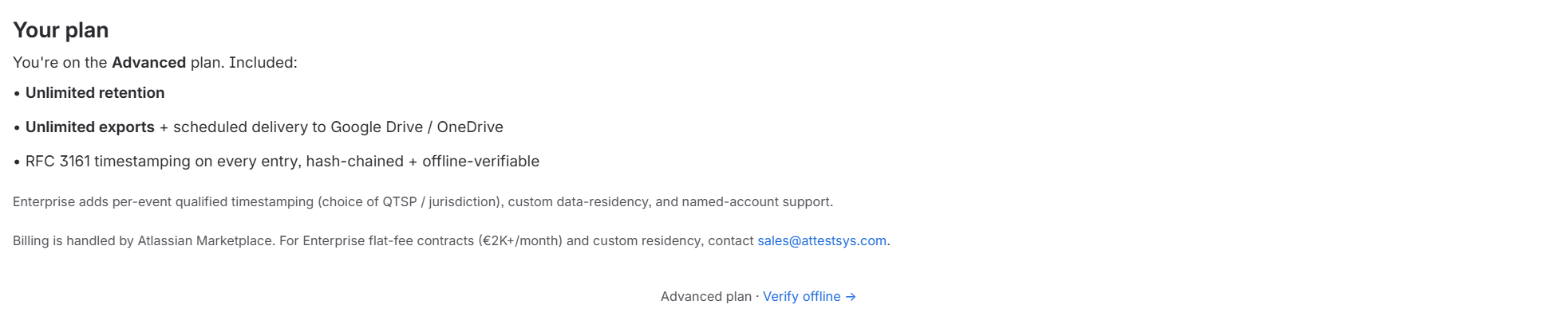 Attestsys 'Your plan' card on an Advanced tenant listing the included features: unlimited retention, unlimited exports with scheduled cloud delivery, and RFC 3161 timestamping on every entry